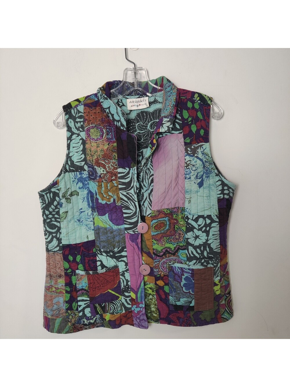 Arvanti Quilted Patchwork Kantha Style Sleeveless Vest Purple Teal XL